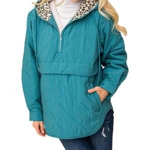 NEW AND THE WHY quilted half zip up leopard detailed hoodie in teal